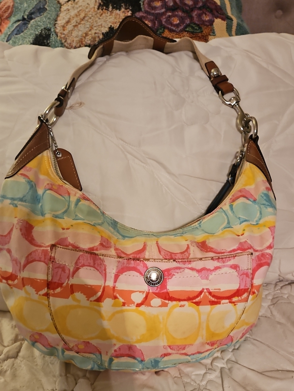 Coach Colorful Watercolor Signature Hobo with Brown Leather Trim
